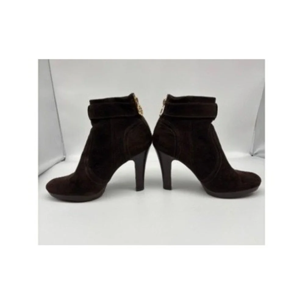 Tory Burch Ankle Boots Women‎ 6.5 Brown Suede Melrose Buckle Logo Back Zip Heel